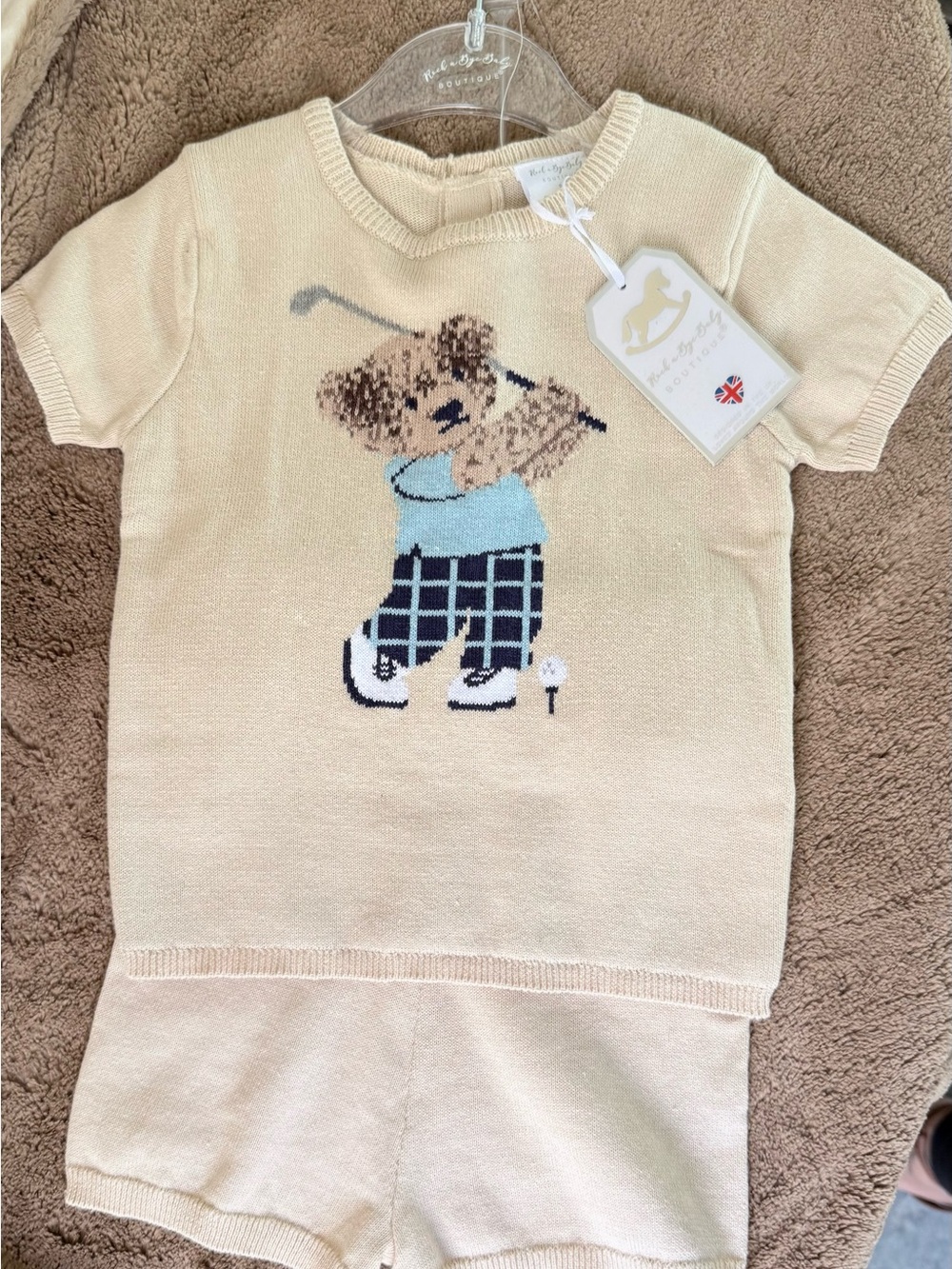 NWT Rock a Bye Baby UK boutique Cream Bear Golfer Knit Top & Shorts Set